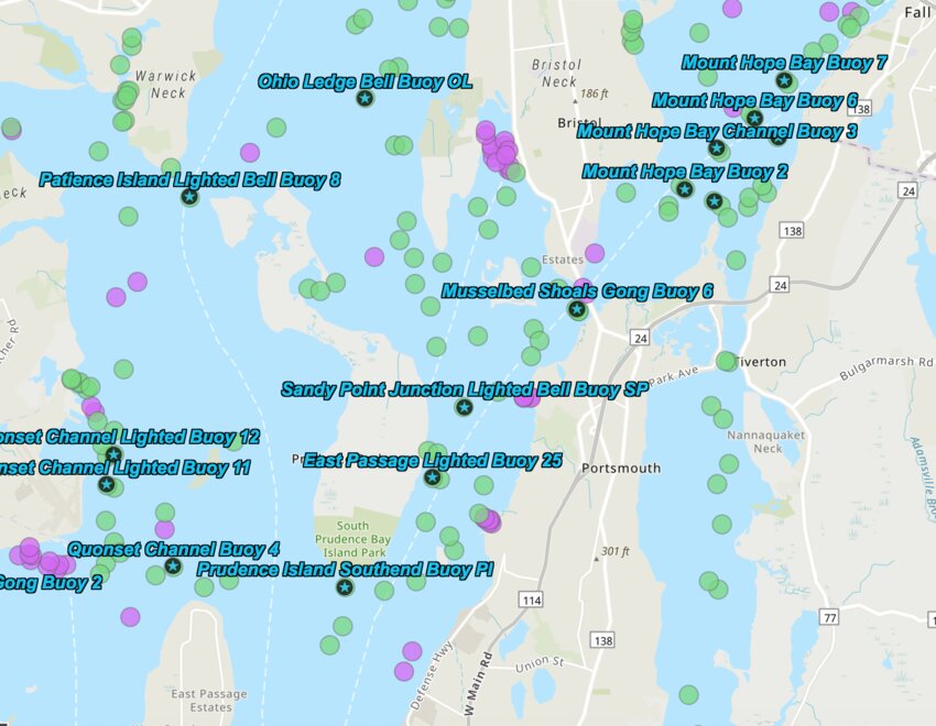 In this map, the named navigational buoys represented by stars are those that the U.S. Coast Guard is proposing to discontinue in the Portsmouth area. The green circles represent federally maintained aids to navigation, while the purple circles represent privately maintained aids to navigation.