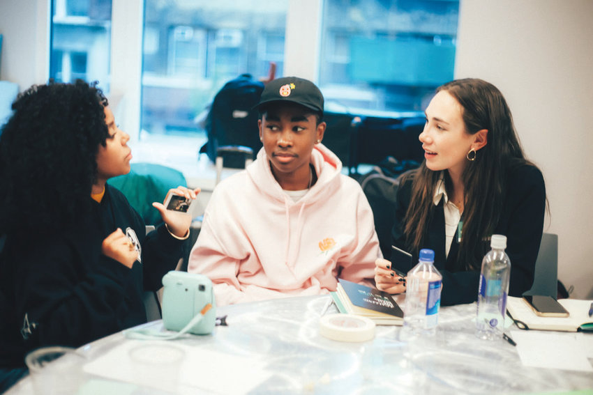 Mt. Hope High School senior Madison Rodriques (at right) works with fellow students from across America in a collaborative exercise during the two-day event in New York City.