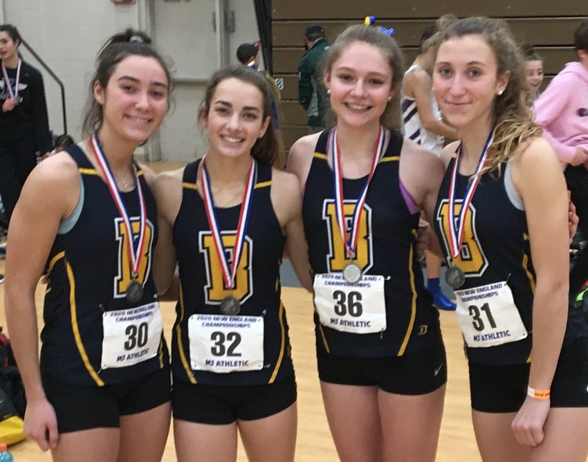 Barrington's Tess Gagliano, Julia Howarth, Jordynn Palethorpe and Violet Gagliano (from left to right) finished second in the 4x400-meter relay at the New England indoor track championships last weekend.