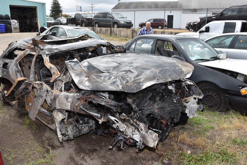 This is all that remains of an Audi SUV involved in a single-vehicle crash on Washington Road in Barrington early Tuesday morning, June 30. The driver, an 18-year-old Barrington man, suffered burns in the crash.