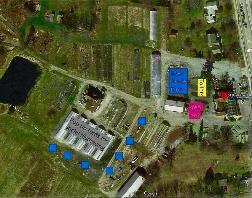Aerial view of Ragged Island&rsquo;s farm property off Bristol Ferry Road (at far right) shows approximate locations of where a beer garden tent, a prep tent and toilets will go. The blue squares represent &ldquo;pop-up&rdquo; tents, where people can enjoy their brews while socially distancing.