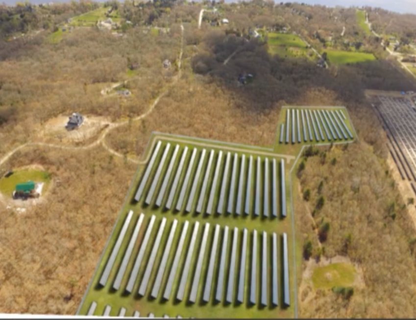 Developer&rsquo;s rendering shows solar panels on land between Drift Road and Route 88 along Soules&rsquo; Way (an additional section is barely visible in the foreground).