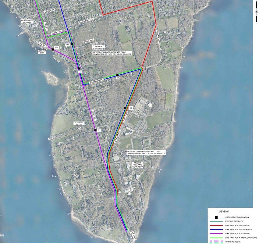 These maps show the four currently proposed routes to bring cyclists from south (above) to north (next slide). One would connect to the bike path at Colt State Park. Another would connect at Sip &rsquo;n Dip. Another would connect at either Sip &rsquo;n Dip or Independence Park. And the last would feed right into the terminus of the bike path at Independence Park. For a full description of each route, see below.