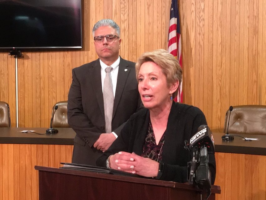 BCWA Executive Director Pamela Marchand addresses the public at a press conference held shortly after the discovery of a leak in the East Bay Pipeline in April 2019.