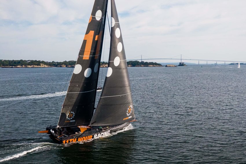 The 11th Hour team and their IMOCA 60 enters Newport in mid-August following a strenuous transatlantic crossing. Credit: Amory Ross/11th Hour Racing