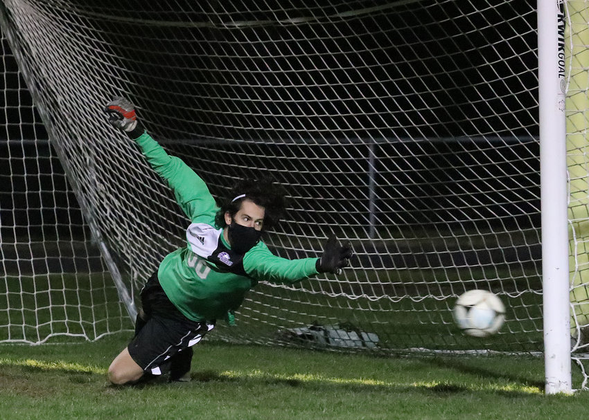 Huskies junior goalkeeper Matt Terceiro makes one of three shootout saves during the third overtime period as Mt. Hope beat Pilgrim, 1-1, 3-0 in triple overtime to win a semifinal game at Vendituoli Field on Thursday night.