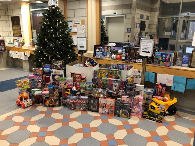 Donated toys fill the lobby of the police station in Barrington. The Barrington Police Department is once again holding its &quot;Fill a Cruiser&quot; toy drive.