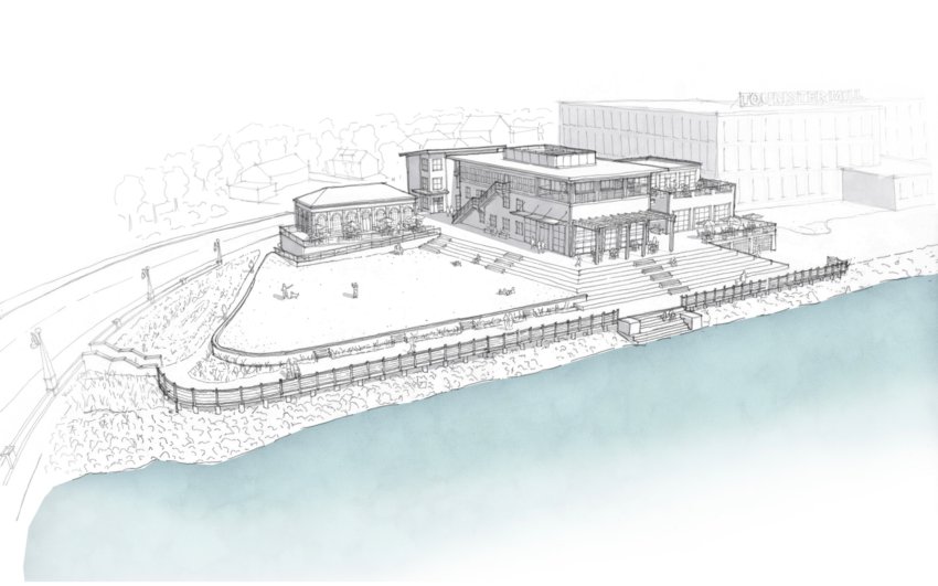 A current architectural drawing shows the proposed site plan at the town's gateway center in North Warren. The site includes at least two buildings, a terrace, riverwalk and public amenities.