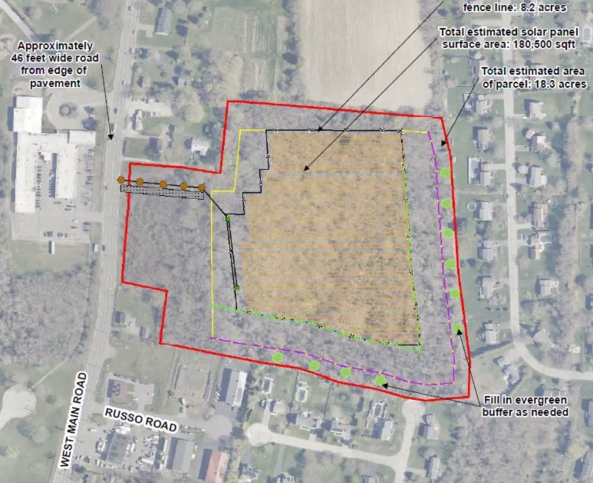 Aerial view shows location of a proposed 3.16-megawatt, direct-current (DC) ground-mounted solar photovoltaic (PV) development on property less than a 10th of a mile north of Russo Road on the east side of West Main Road.