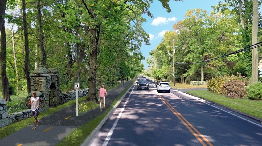 A rendering of Ferry Road, facing north, with a bike path along the west side of the road. Some town officials felt this design resembles a &quot;speedway&quot; for bikes, and they'd like to see a less robust design &mdash; narrower and more conducive to pedestrians than to bicyclists.