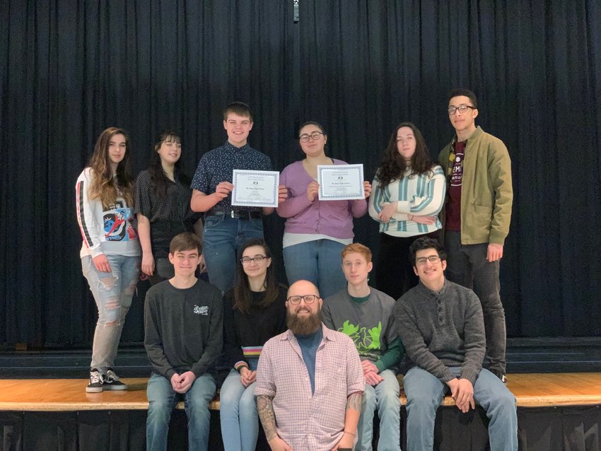 The Mt. Hope Masqueraders, with theatre director Nick Mendillo front and center, pose after winning the Rhode Island Drama Festival in 2019, the last year it was held.