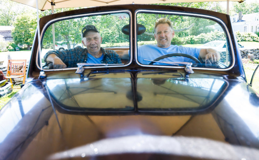 Henry Helger (left) and his son Ray in the front seat of Henry&rsquo;s 1938 Ford convertible. Sousa Image Works photo.