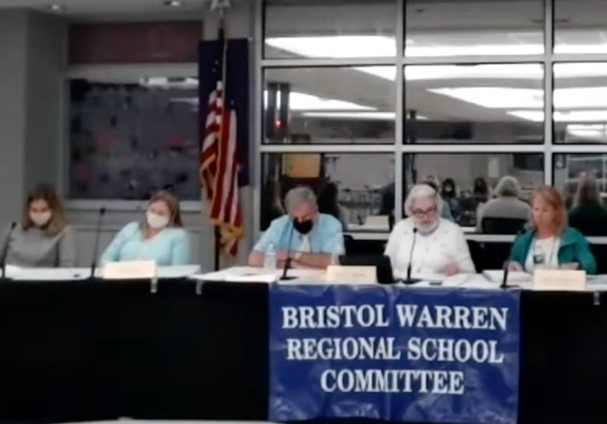 Members of the Bristol Warren Regional School Committee at an earlier meeting. On Tuesday, Victor Cabral (center) and Marge McBride (second from right), both members of the committee's personnel/contract negotiations subcommittee voted to dismiss a grievance filed by the Bristol Warren Education Association. Subcommittee member Erin Schofield (far left) voted to uphold the grievance.