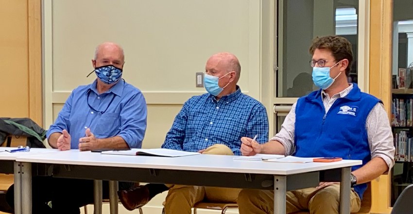 Staff from the Rhode Island Coastal Resources Management Council (CRMC) spent 90 minutes talking aquaculture before the Tiverton Harbor Commission Monday evening. Representatives included (from left) executive director Jeffrey Willis, deputy director James Boyd and aquaculture specialist Benjamin Goetsch.