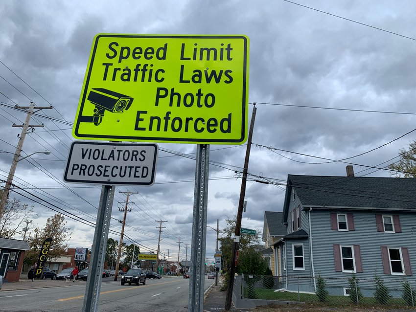 Signs leading up the new speed zone near Kent Heights Elementary School heading north on Pawtucket Avenue.