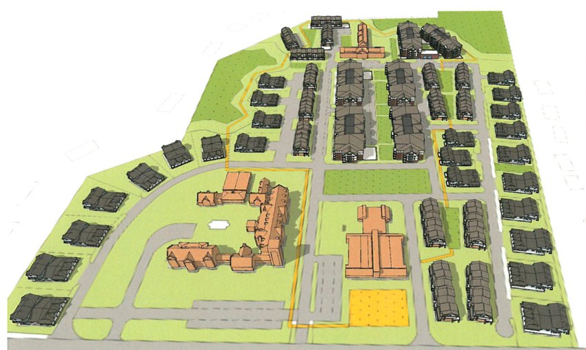 This rendering shows the proposed development of the former Zion Bible College property. The new plan calls for fewer senior housing units, but a significant increase in total dwelling units.
