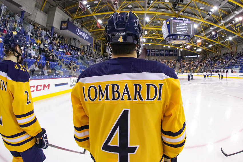 Barrington&rsquo;s Mike Lombardi looks over the ice at Quinnipiac College. Lombardi has helped the team to a 16-1-3 record this season.