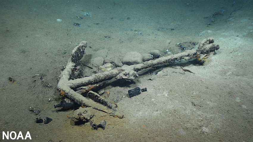 This image of an anchor was taken from the 1836 shipwreck site of brig Industry in the Gulf of Mexico by the NOAA ROV deployed from NOAA Ship Okeanos Explorer on February 25, 2022.&nbsp;