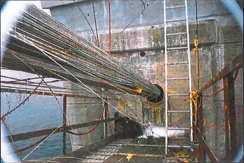 Photo shows wire breaks inside the main cables on the Mt. Hope Bridge. The R.I. Turnpike and Bridge Authority plans to apply a dehumidification project intended to restore the cables&rsquo; strength.