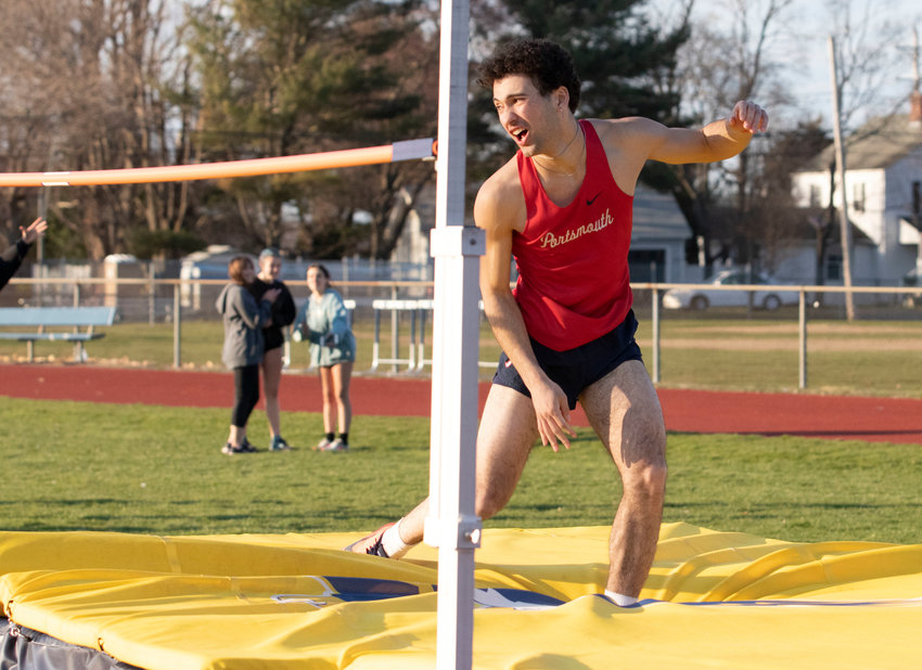 Portsmouth&rsquo;s Nikolai Loyola keeps a steady eye on the bar after clearing it during the high jump competition, which he won with a best effort of 5 feet, 6 inches, during a dual track meet at Barrington High School on April 5.