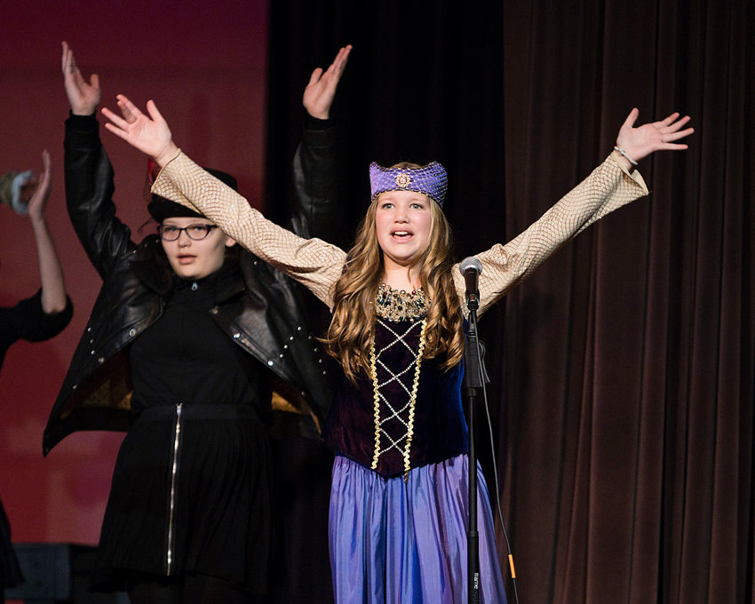 Blake Myatt performs as &quot;Catherine Parr&quot; in Barrington Middle School's rendition of &quot;Revolting: An Historical Musical Revue.&quot;