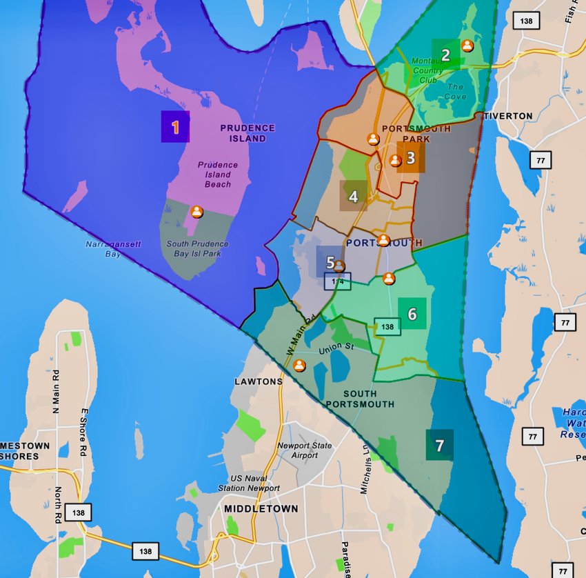 Map shows the new proposed voting precinct lines for Portsmouth which is necessary due to redistricting. Melville School and The Portsmouth Senior Center have been removed as polling locations under the plan, which still needs to be approved by the R.I. Board of Elections.