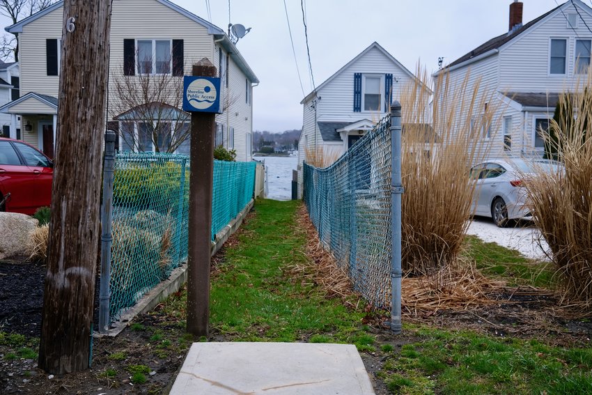 Although a R.I. Coastal Resources Management Council (CRMC) right-of-way (ROW) sign has been posted at this path on Beach Street at Cedar Avenue for years, it&rsquo;s actually not an official CRMC-designated ROW, according to Town Planner Gary Crosby. This location and several others will come under review on April 21.