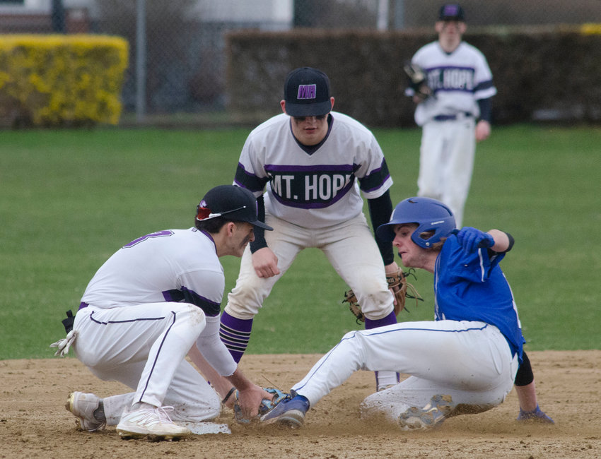 Shortstop Parker Camelo puts a tag on a Middletown runner attempting to steal second base, with second baseman Jack Standish looking on (middle).