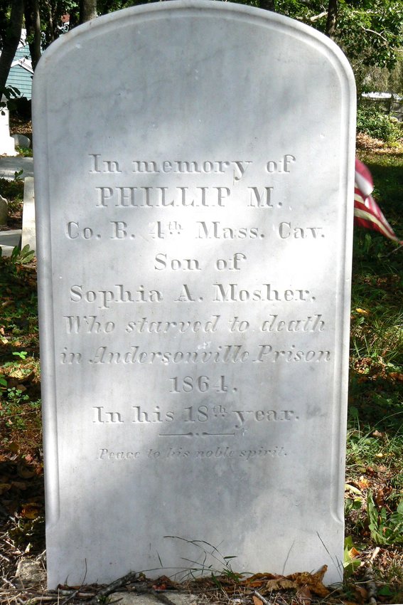 This stone for Philip Mosher, who died at Andersonville Prison during the Civil War, is most likely a memorial to his life.