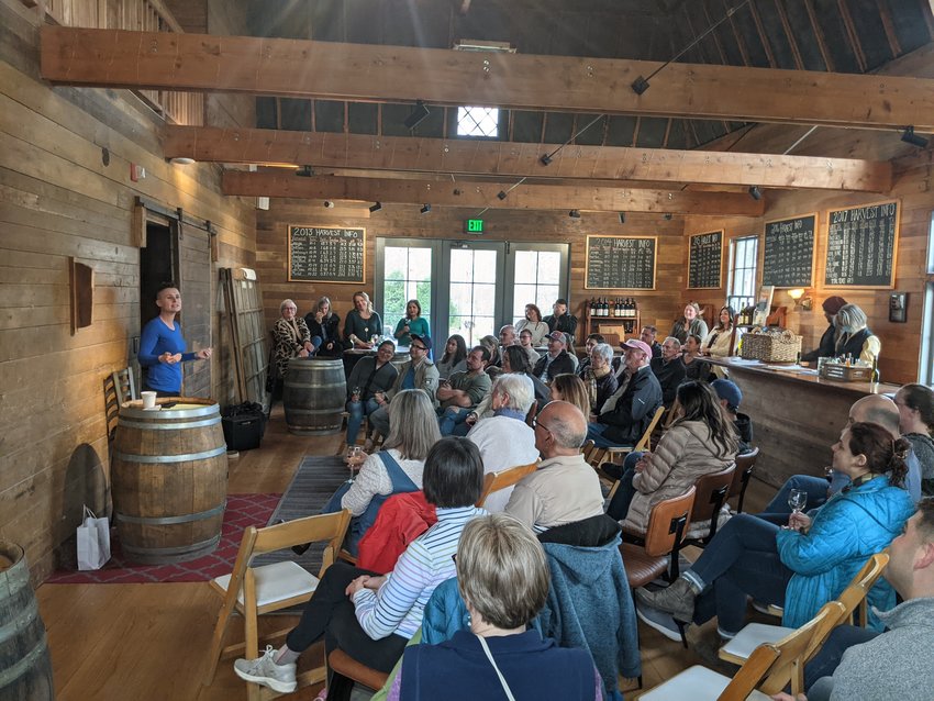 Comedian Ashley Gutermuth (far left) entertains the crowd inside Greenvale Vineyards&rsquo; tasting room on Sunday during the winery&rsquo;s first-ever Comedy for Conservation event.