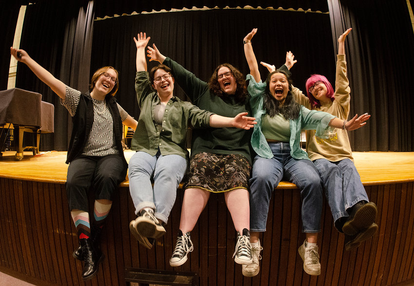 Tiverton High School students (from left) Ava Milukas, Ellie Flanagan, Casey Michaels, Julia Han and Emma Baker, who also wrote the play, will premiere &quot;White Noise&quot; Saturday evening.