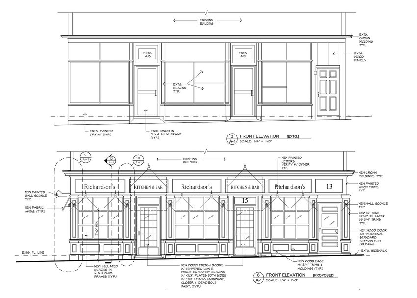 Richardson&rsquo;s, located at 13 Child St., submitted these design plans (before on top, proposed below) for what they intend to do with the $25,000 from the ARPA-funded facade improvement program implemented by the Town of Warren.