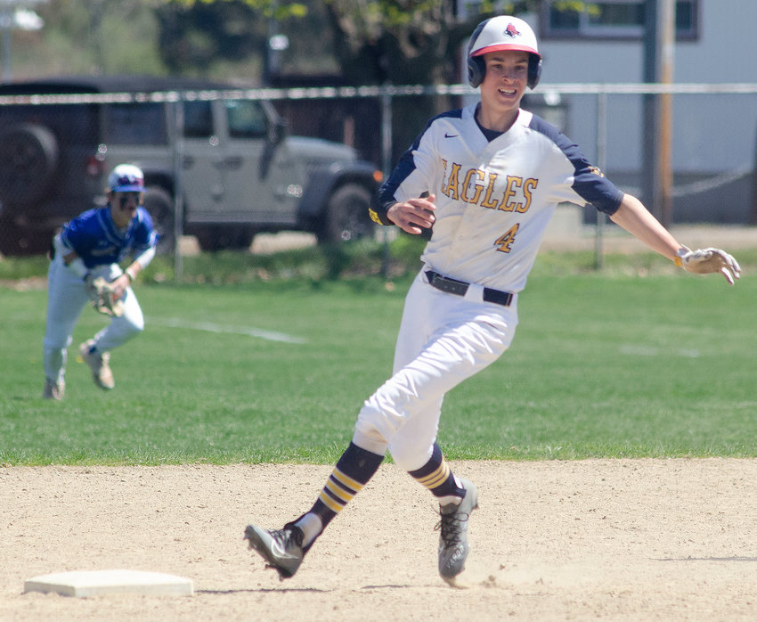 Gabe Tanous, shown in the Eagles&rsquo; game against Middletown, had three hits and drove in two runs in Barrington&rsquo;s win over Moses Brown on Friday, April 29.