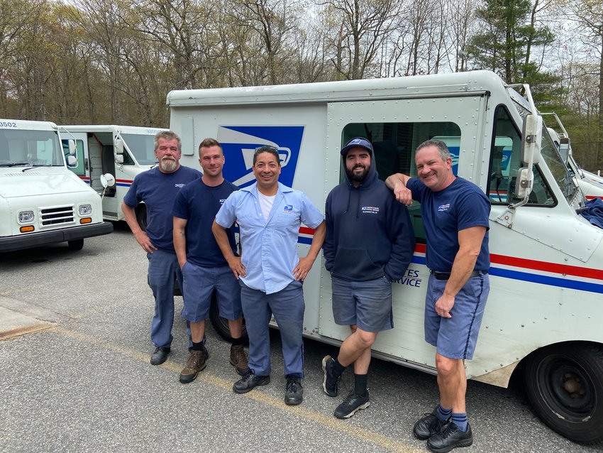 Barrington letter carriers are ready to do double duty during the Letter Carriers&rsquo; annual Stamp Out Hunger food drive on Saturday, May 14. Residents are asked to leave a bag filled with non-perishable and unexpired food items at their mailbox for the carriers to take to Tap-In, which will distribute to those in need. Pictured are some of Barrington&rsquo;s letter carriers, (from left to right) Bob Depin, Brad Depin, Michael Bernardo, Nolan Cambra and Greg Toumaisian.