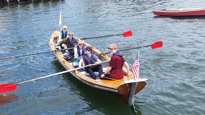 Westport rowers in Connecticut included (from left) Blake Stewart, Montgomery &quot;Monty&quot; Jonsson, Andre Jusseaume, Samuel Hall and coxswain Ethan Stewart before the start of a heat at Saturday's competition.