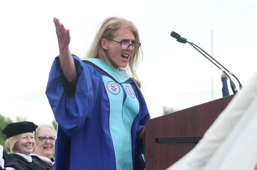 Principal Dr. Deborah DiBiase talks to the graduates of the Mt. Hope High School Class of 2021 last spring. &ldquo;Dr. D,&rdquo; as she&rsquo;s commonly known, has been told that a majority of school committee members are not in favor of bringing her back next year.