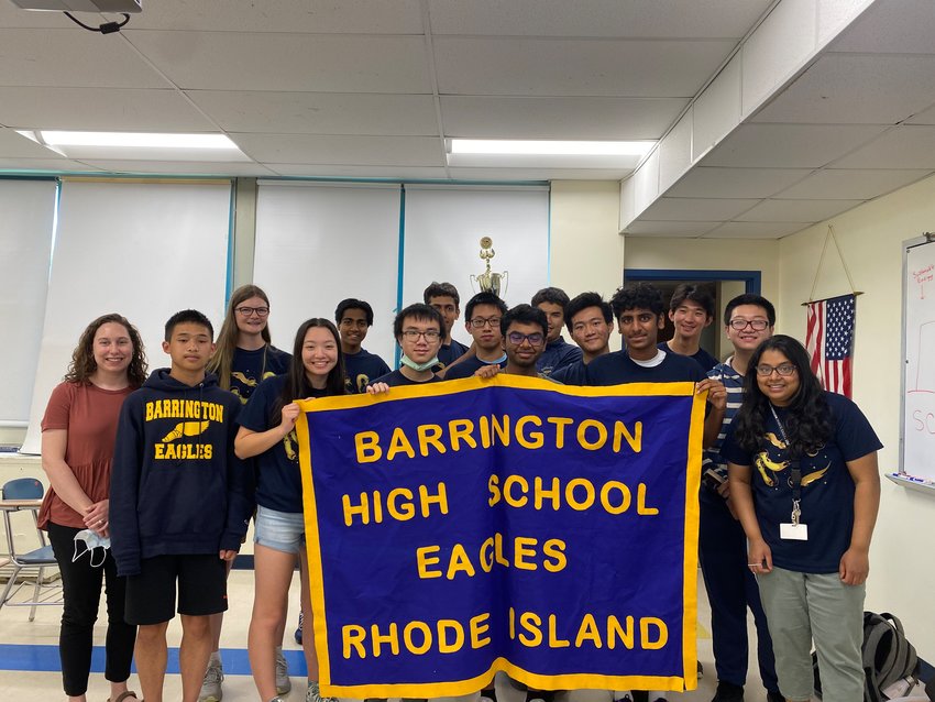 The Barrington High School Science Olympiad team won its 12th consecutive state championship recently. Pictured are (front row, from left to right) Levon He, Isabelle Chen, Alan Weng, Vignesh Peddi, Vineet Abbineni, Coach Sonalya Jayasuriya, and (second row) Coach Laura Donegan, Genevieve Geiser, Shaswat Singh, Rahul Yehiya, Yike Chen, Noah Higbie, Yiming Xiong, Dawen Cheng, and Troy Tian.