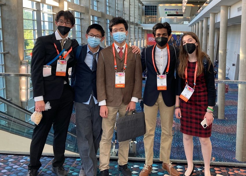 Barrington High School students Dawen Cheng, Patrick Chen, David Xiong, Shaswat Singh, and Helen Copple (from left to right) stand for a group photo at the Regeneron International Science and Engineering Fair held in Atlanta, Ga. recently.
