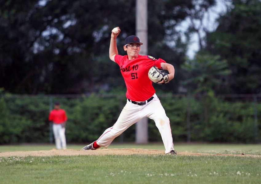 Dylan Anicelli delivers a pitch for the Riverside Post 10 Senior Division club during its Rhode Island American Legion Baseball League contest against Post 7 last Thursday night, June 16, at Pierce Field.