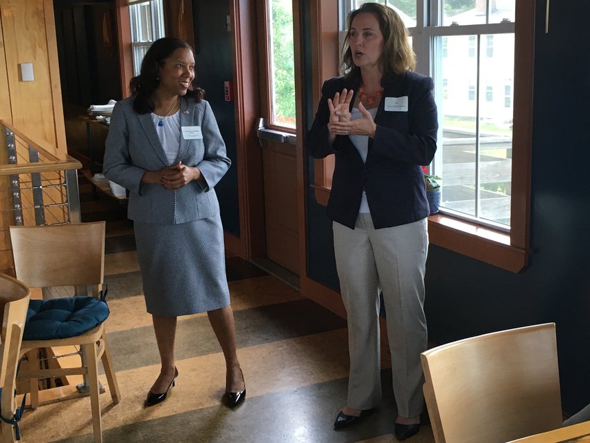 Lt. Gov. Sabina Matos (left) and newly appointed Commerce Secretary Liz Tanner (she wasn&rsquo;t when this photo was taken, but she is now) answer questions from the audience during a &ldquo;Coffee and Commerce&rdquo; event at Trafford restaurant on Friday morning.