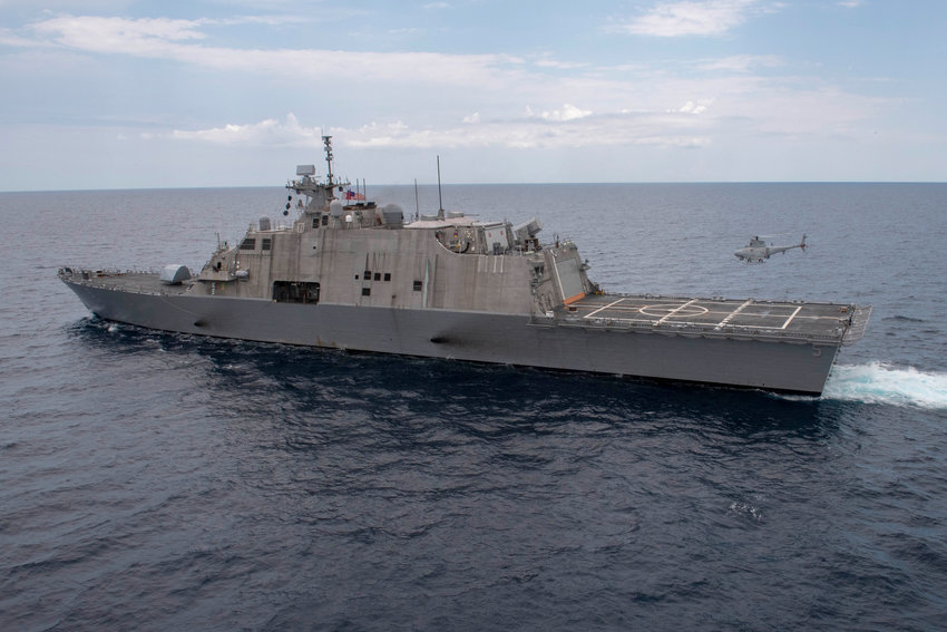 190627-N-KK394-183..ATLANTIC OCEAN (June 27, 2019) An MQ-8B Fire Scout unmanned aerial vehicle assigned to the Black Knights of Helicopter Sea Combat Squadron (HSC) 22 conducts flight operations during an underway with the Freedom-class littoral combat ship USS Milwaukee (LCS 5). Milwaukee is underway conducting routine exercises in the Atlantic Ocean. (U.S. Navy photo by Mass Communication Specialist 2nd Class Anderson W. Branch/Released)