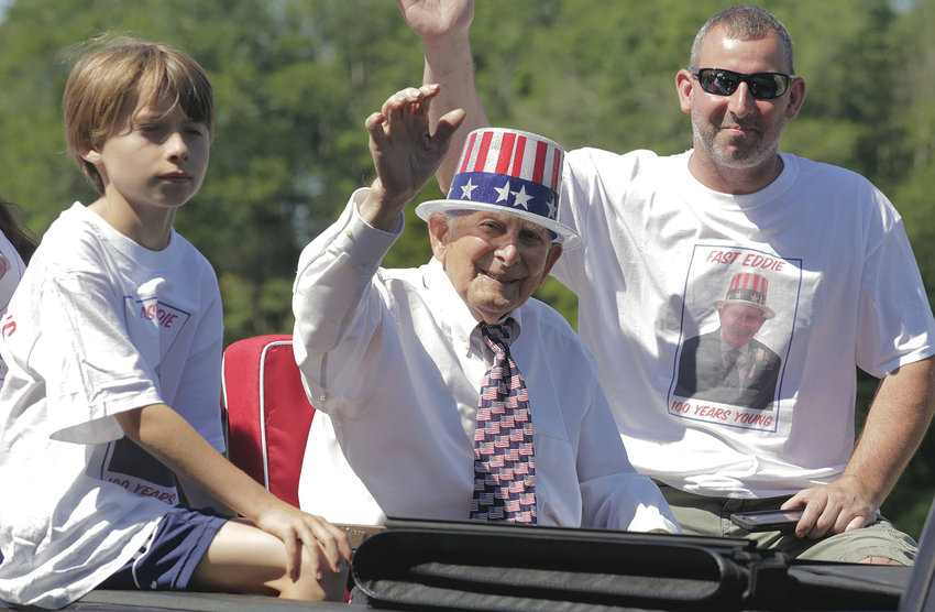 Eddie &quot;Fast Eddie&quot; Beaulieu, this year's Grand Marshal, during the 2016 parade shortly after his 100th birthday.