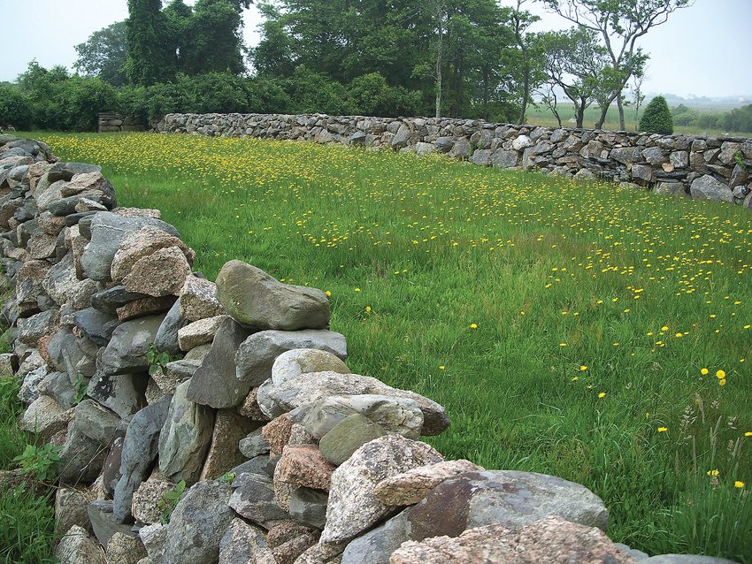 An ancient stone wall meanders through a grassy plot saved in Little Compton by the Sakonnet Preservation Association.