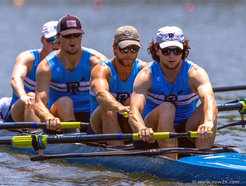 The URI&rsquo;s men&rsquo;s heavyweight varsity four, which won the American Collegiate Rowing Association club national title, is poised to start at the national regatta in Tennessee. From left are Kathryn McGee of East Providence, coxswain (barely visible), Isaiah Kittel of Portsmouth, Gunnar Rinkel, Bradley Schmidt and Levi Comire.
