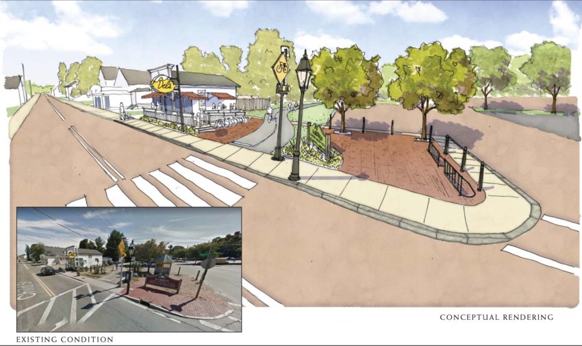 This section of the bike path at the intersection of Railroad Avenue and Child Street, near Del&rsquo;s, was originally targeted for a major improvement. Although it may not achieve its original scope shown in this rendering from Union Studios, town officials are optimistic they can utilize resources to beautify the area to some degree.