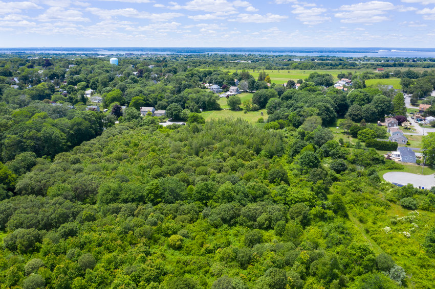 Aerial photo shows the Jones property, which makes up the majority of the woodlands north of Bramans Lane that&rsquo;s included in the conservation agreement.