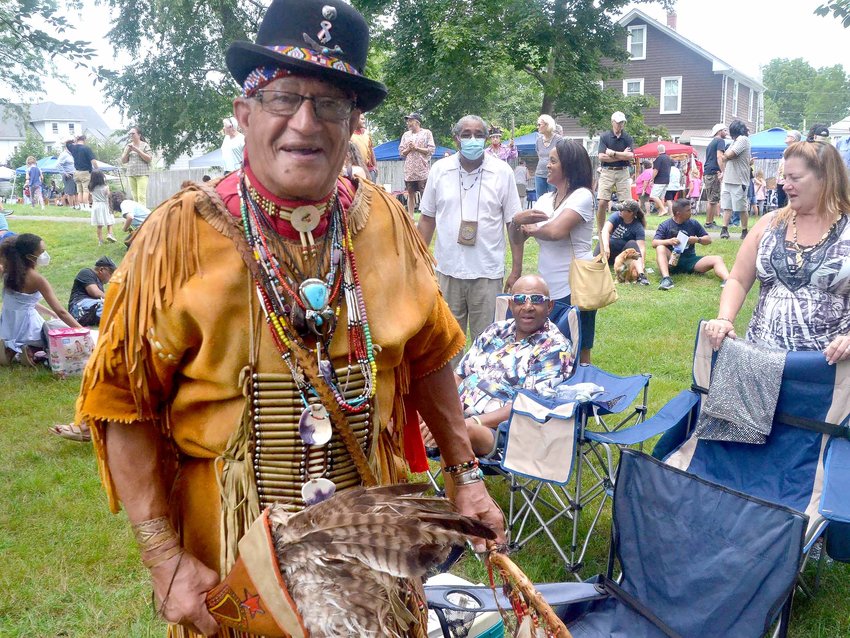 Pokanoket Tribe Member Harry &quot;Hawk&quot; Edmonds greets visitors to last year's Pokanoket Heritage Day event at Burr's Hill Park in Warren.