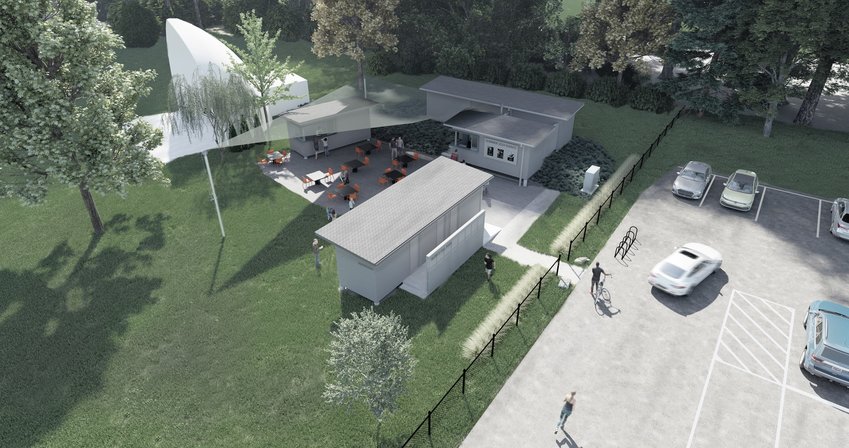 WHAT IT WILL BE: A rendering from Addaspace shows the structures that have been approved (with conditions) to be erected at Burr&rsquo;s Hill Park, near the band shell. They include a concessions stand (left), a structure with three bathrooms (bottom), and a unit that would be used for office and storage space for the Parks and Recreation Department (top right).