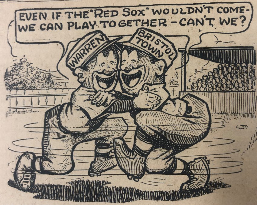 This comic ran in the Warren and Barrington Gazette, poking fun at an event that seemingly caused quite a bit of friction between the Bristol and Warren baseball clubs. The Bristol team accused the Warren team of trying to snake an invitation from the Boston Red Sox that was intended for their club, which the Warren club responded to in force.