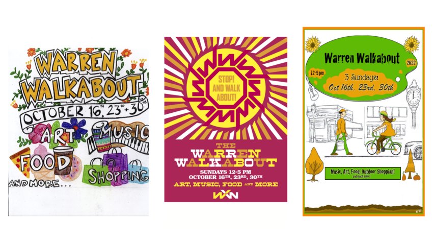 The three finalists for the Warren Walkabout poster design contest. All three are from Rhode Island artists, two from Warren.